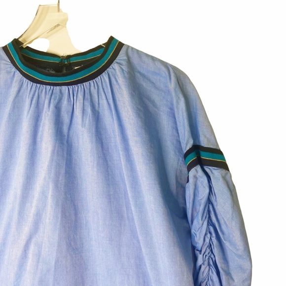 Zara Basic Chambray Tape Banded Shirred Sleeves Blouse Top Medium - Picture 3 of 7